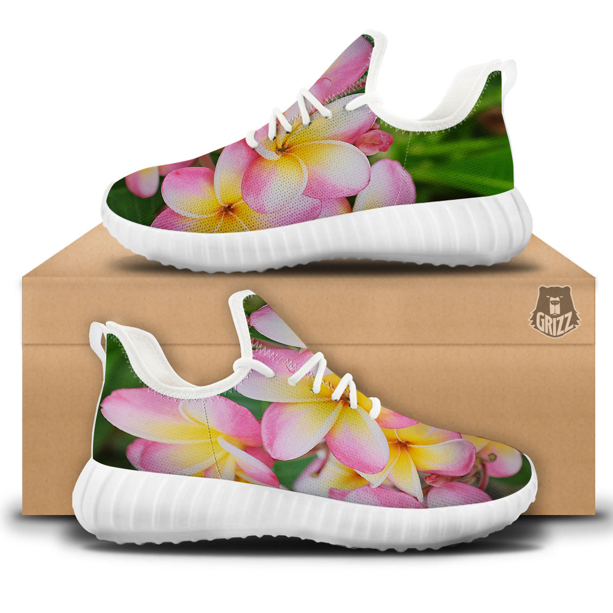 Plumeria Flower Yellow And Pink Print White Walking Shoes-grizzshop