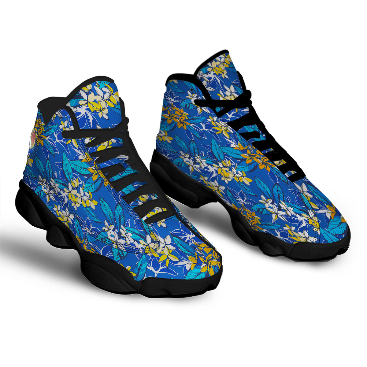 Plumeria Flower Yellow And White Blue Print Pattern Black Basketball Shoes-grizzshop