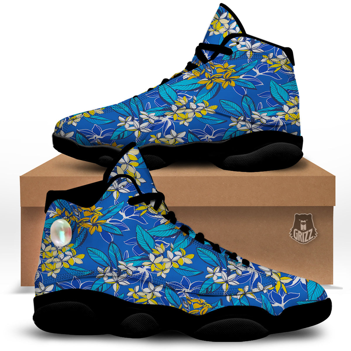 Plumeria Flower Yellow And White Blue Print Pattern Black Basketball Shoes-grizzshop