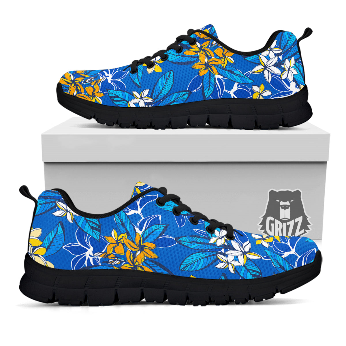 Plumeria Flower Yellow And White Blue Print Pattern Black Sneaker-grizzshop