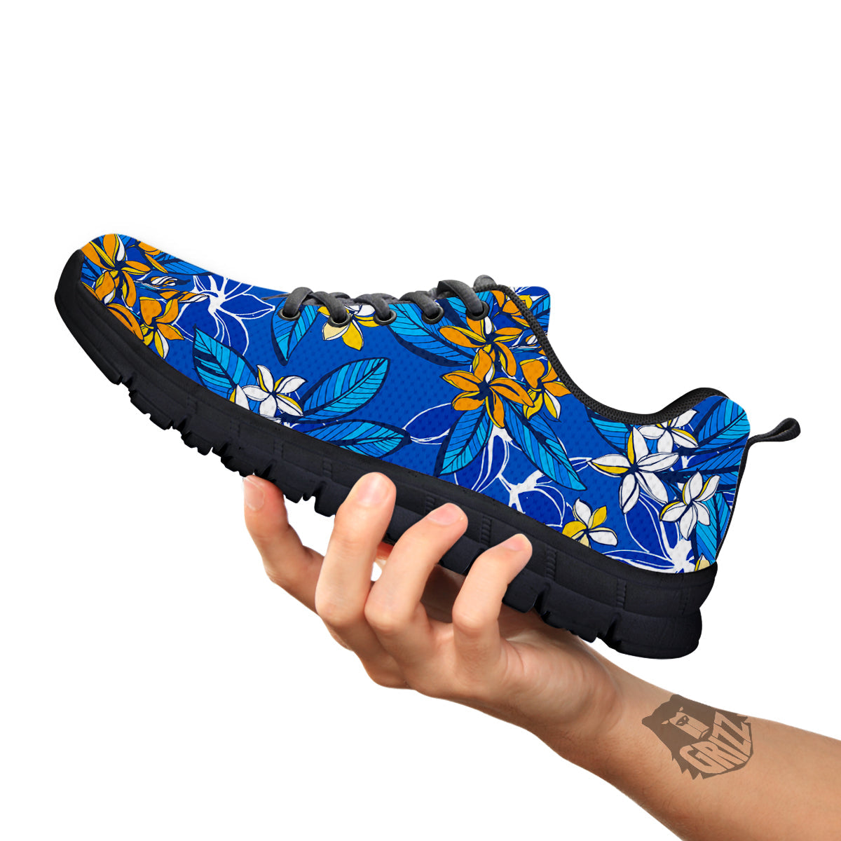 Plumeria Flower Yellow And White Blue Print Pattern Black Sneaker-grizzshop