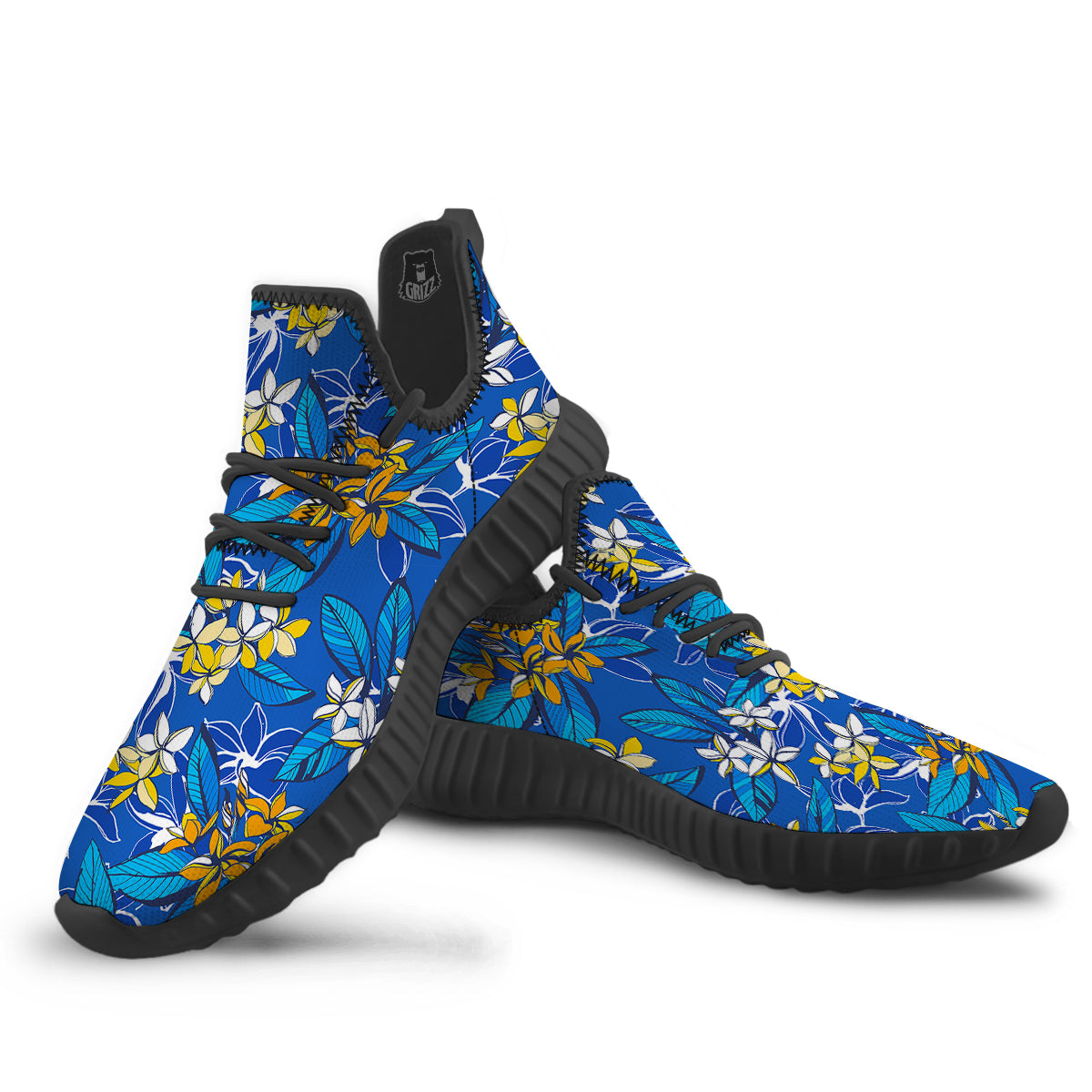 Plumeria Flower Yellow And White Blue Print Pattern Black Walking Shoes-grizzshop
