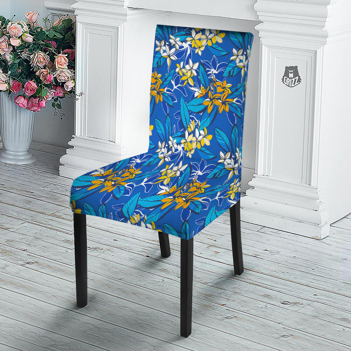 Plumeria Flower Yellow And White Blue Print Pattern Dining Chair Slipcover-grizzshop