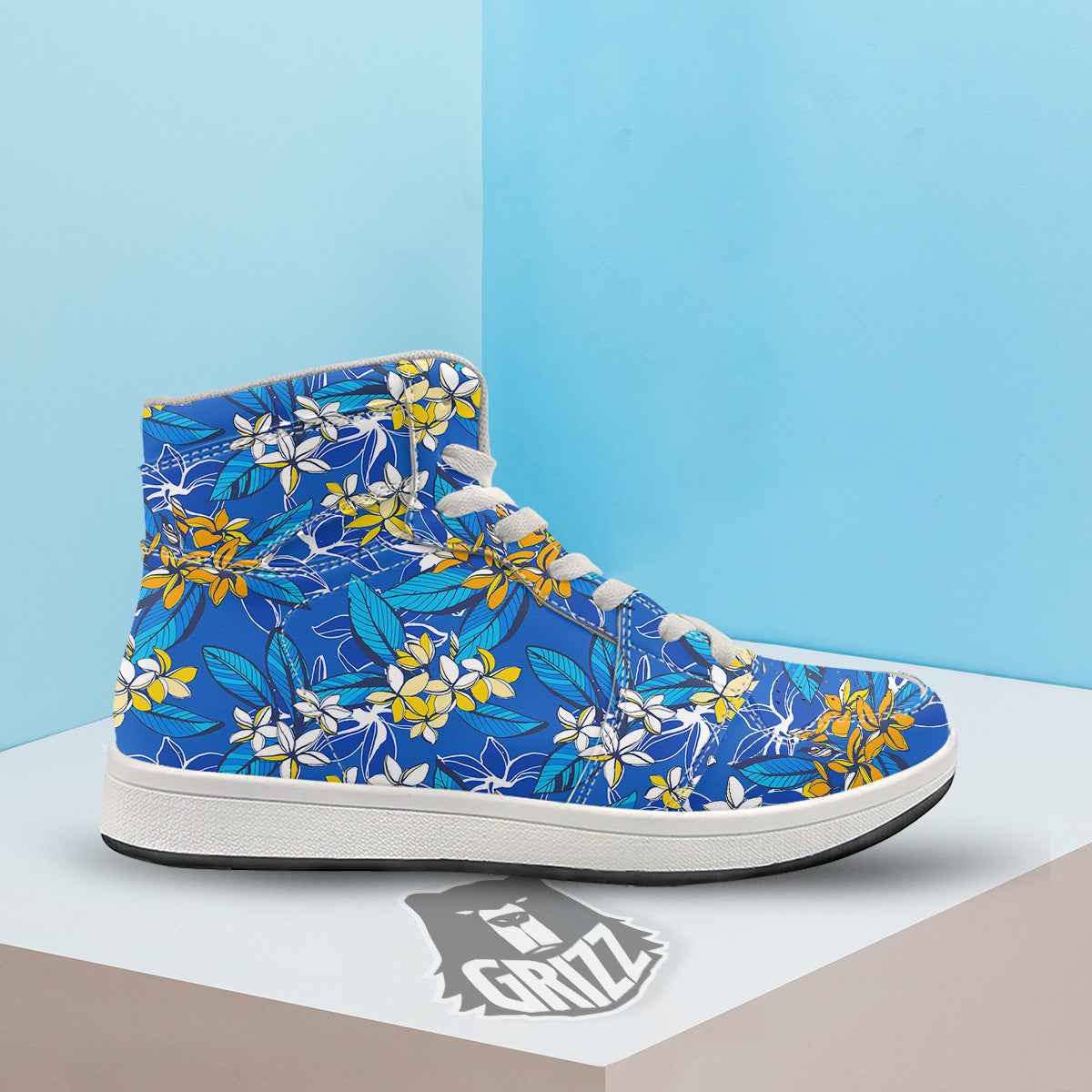 Plumeria Flower Yellow And White Blue Print Pattern High Top Sneakers-grizzshop