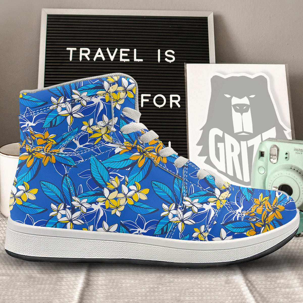 Plumeria Flower Yellow And White Blue Print Pattern High Top Sneakers-grizzshop