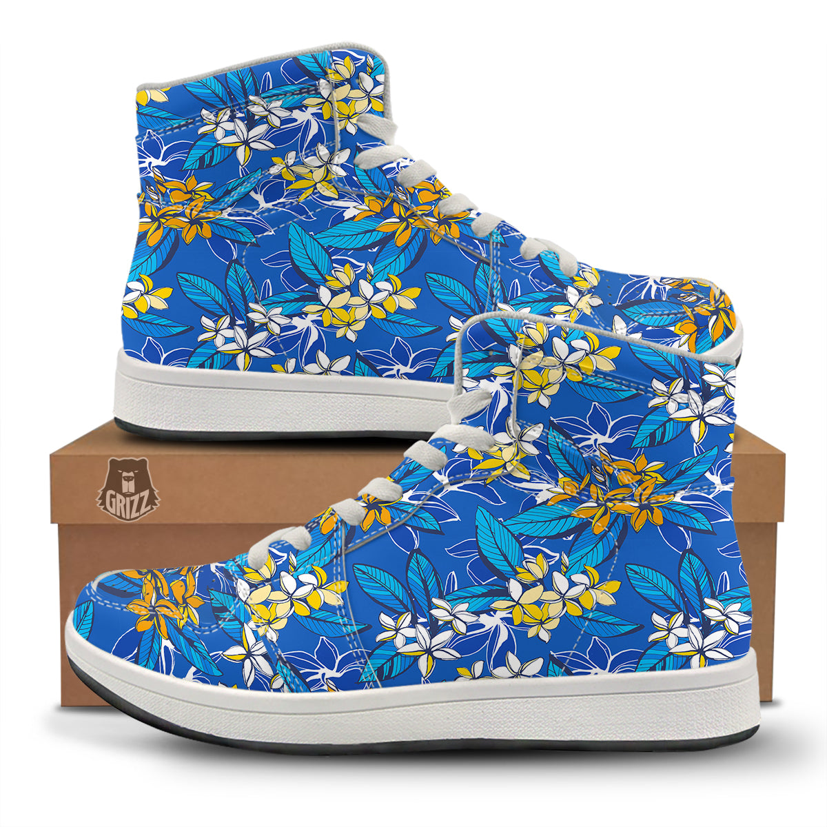 Plumeria Flower Yellow And White Blue Print Pattern High Top Sneakers-grizzshop