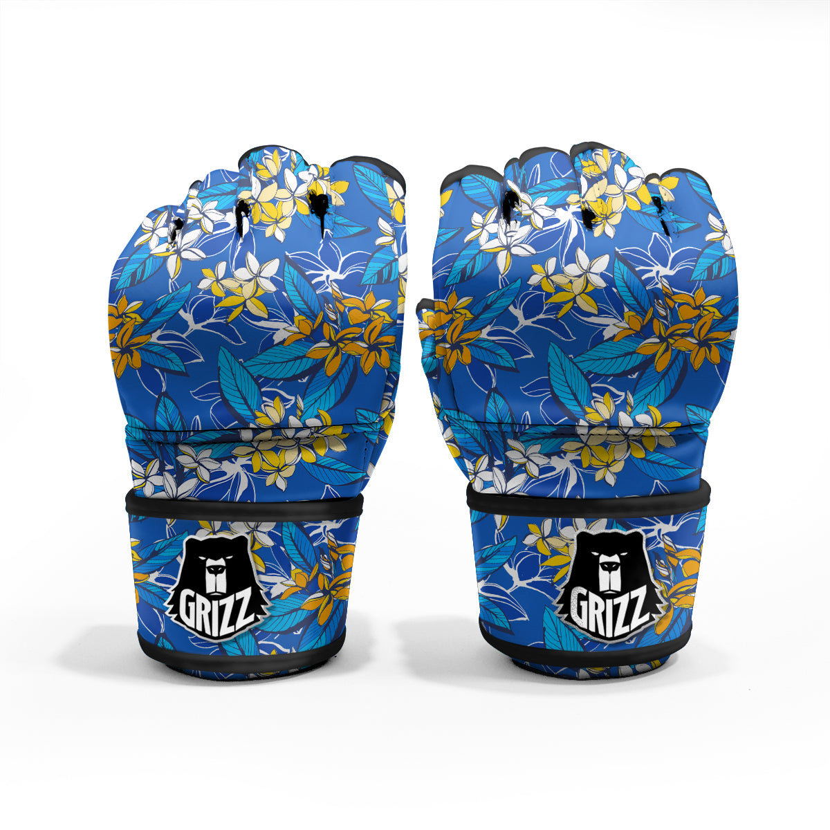 Plumeria Flower Yellow And White Blue Print Pattern MMA Gloves-grizzshop