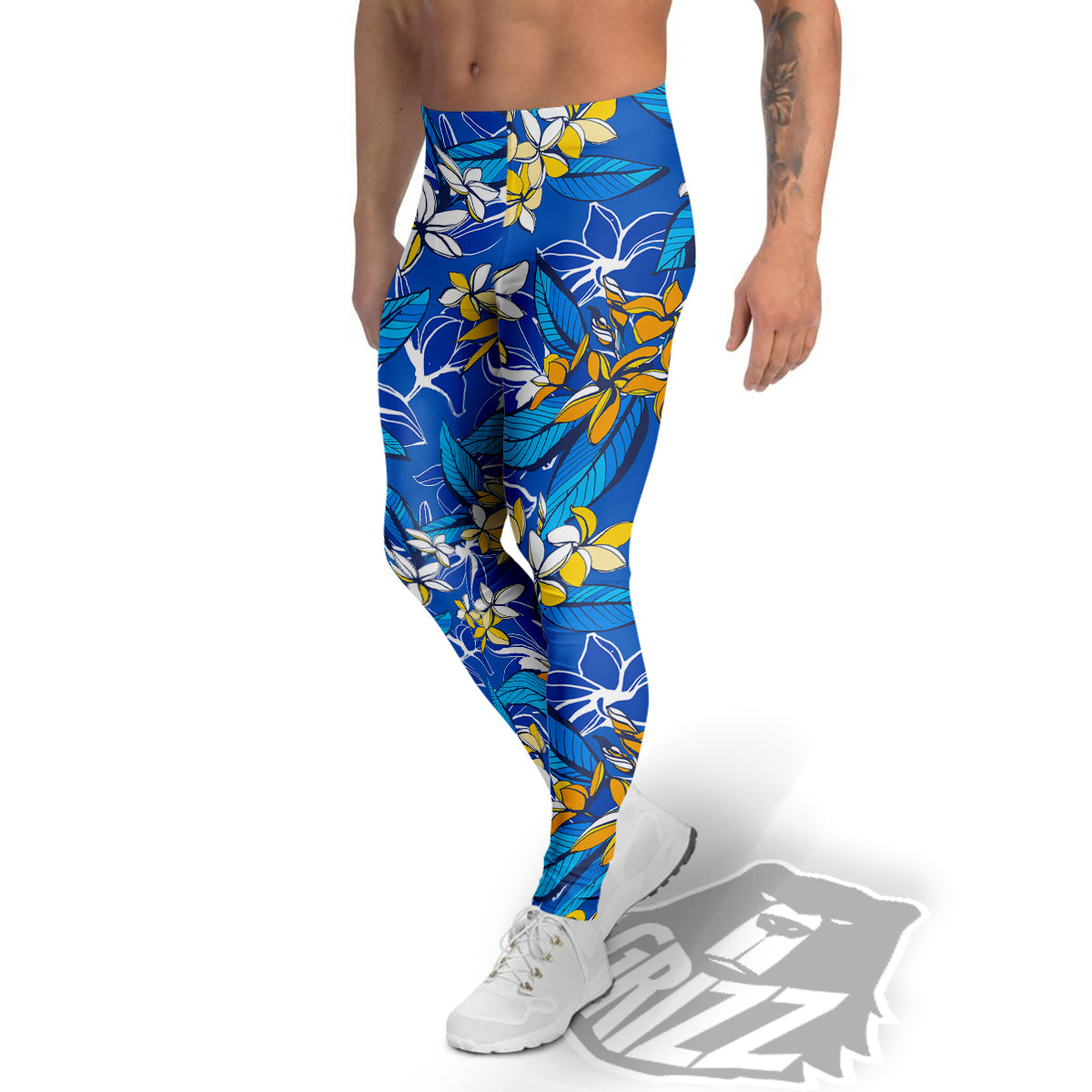 Plumeria Flower Yellow And White Blue Print Pattern Men's Leggings-grizzshop