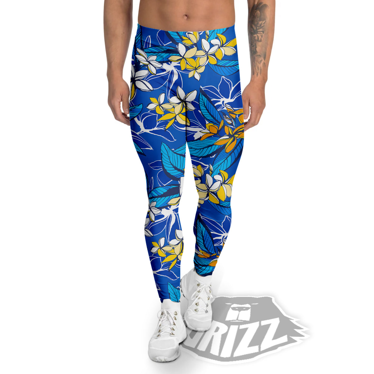 Plumeria Flower Yellow And White Blue Print Pattern Men's Leggings-grizzshop