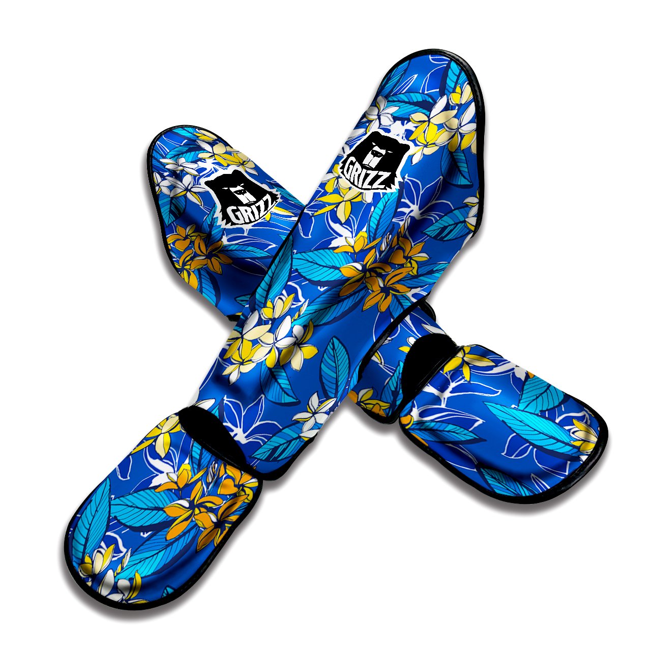 Plumeria Flower Yellow And White Blue Print Pattern Muay Thai Shin Guards-grizzshop