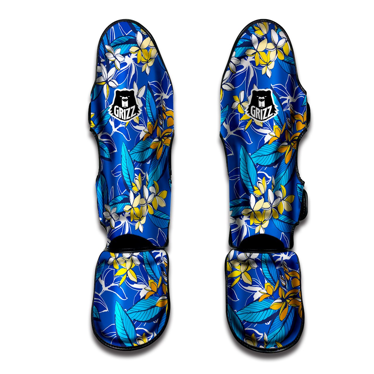 Plumeria Flower Yellow And White Blue Print Pattern Muay Thai Shin Guards-grizzshop