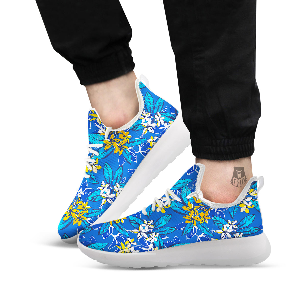 Plumeria Flower Yellow And White Blue Print Pattern White Athletic Shoes-grizzshop