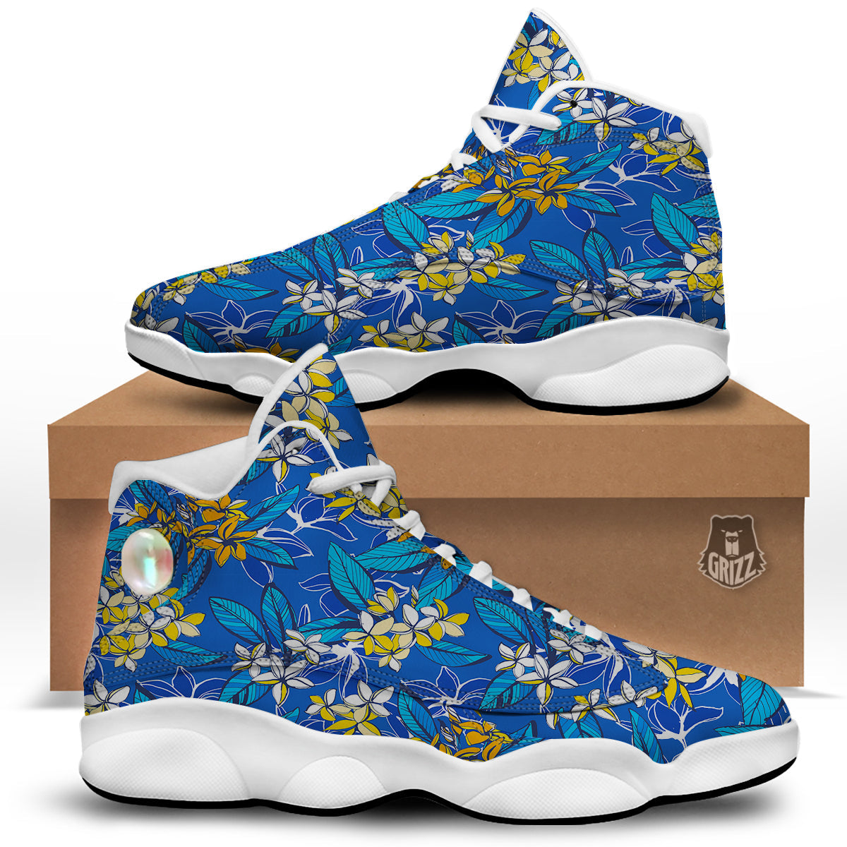 Plumeria Flower Yellow And White Blue Print Pattern White Basketball Shoes-grizzshop