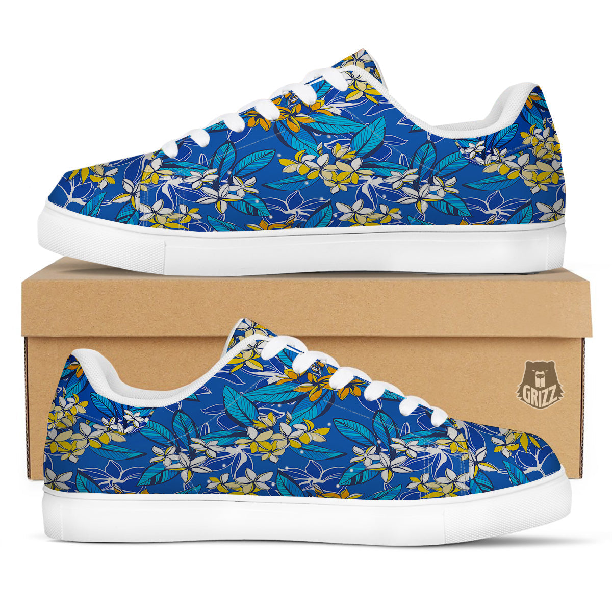 Plumeria Flower Yellow And White Blue Print Pattern White Low Top Sneakers-grizzshop