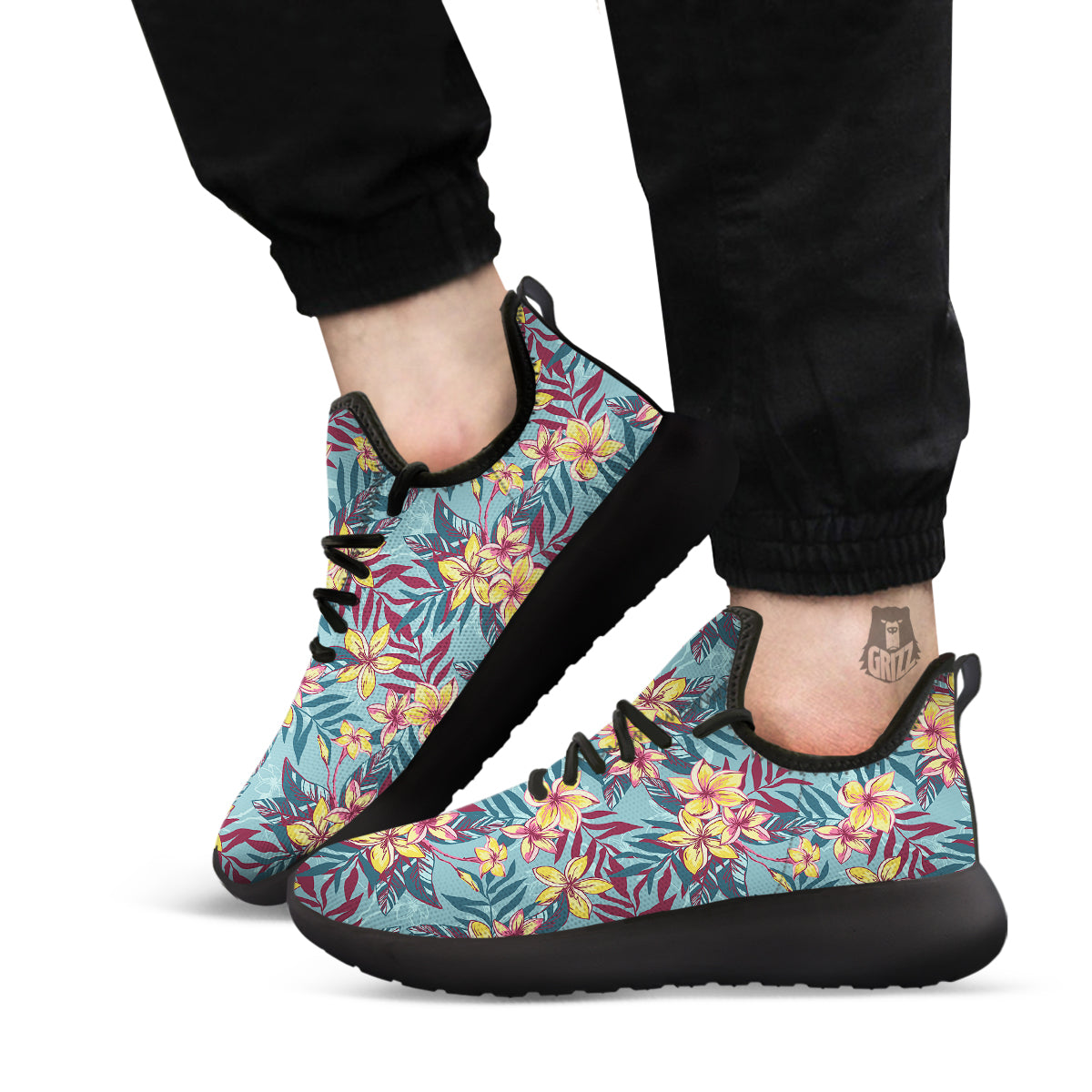 Plumeria Frangipani Tropical Print Pattern Black Athletic Shoes-grizzshop