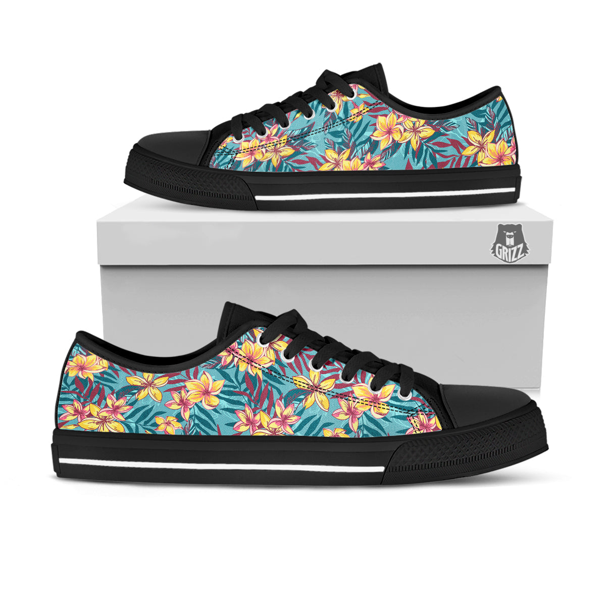 Plumeria Frangipani Tropical Print Pattern Black Low Top Shoes-grizzshop