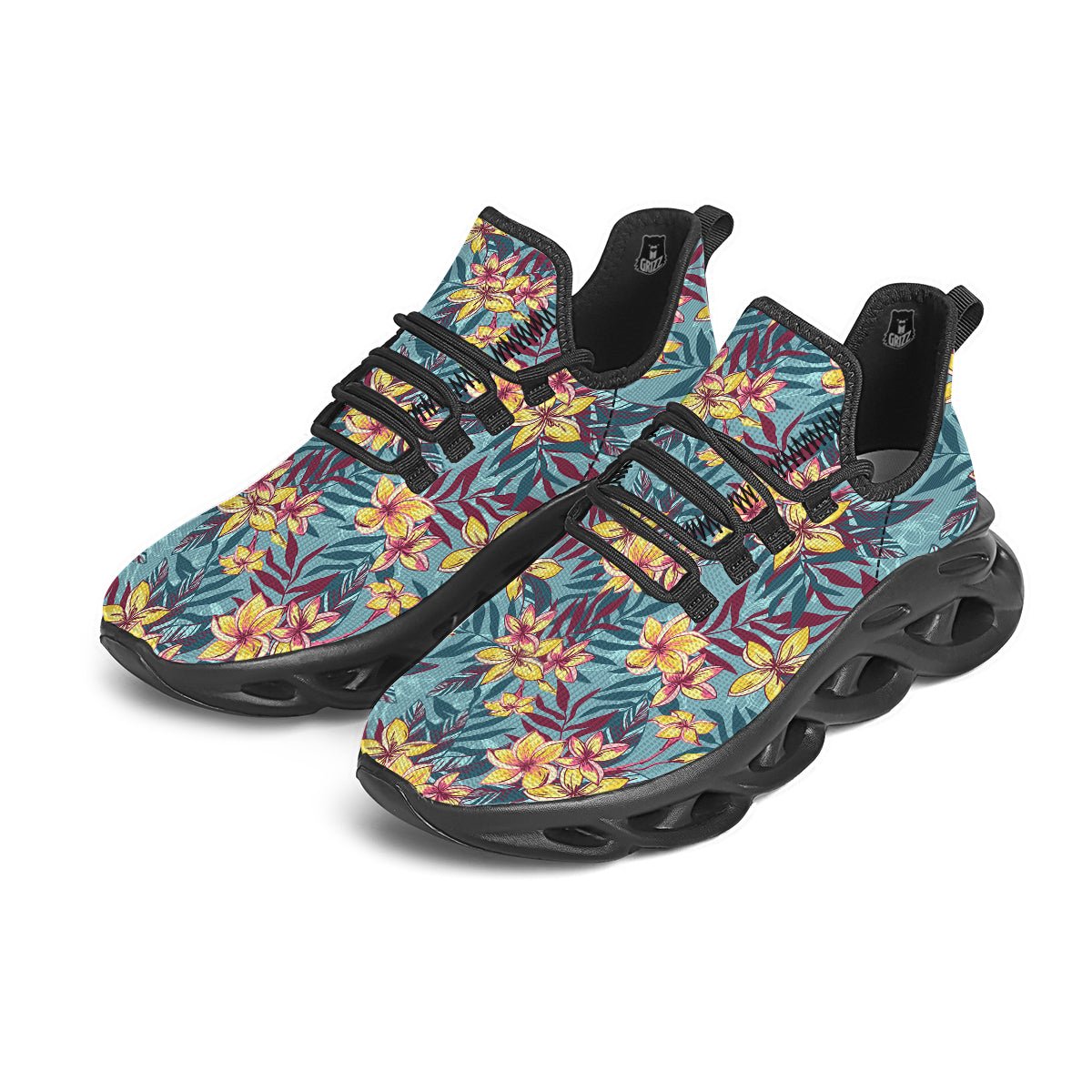 Plumeria Frangipani Tropical Print Pattern Black Running Shoes-grizzshop