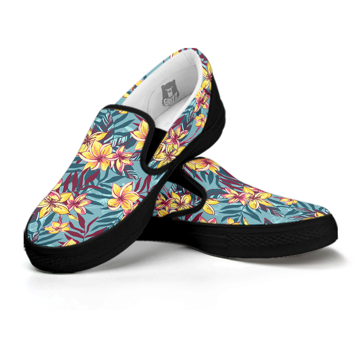 Plumeria Frangipani Tropical Print Pattern Black Slip On Shoes-grizzshop