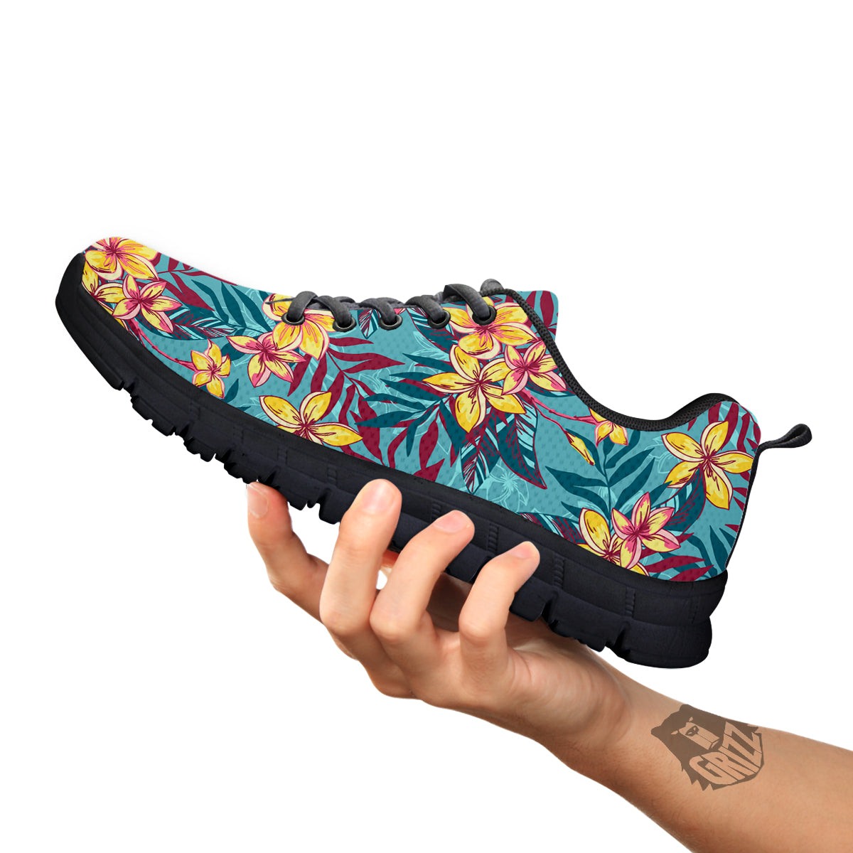 Plumeria Frangipani Tropical Print Pattern Black Sneaker-grizzshop