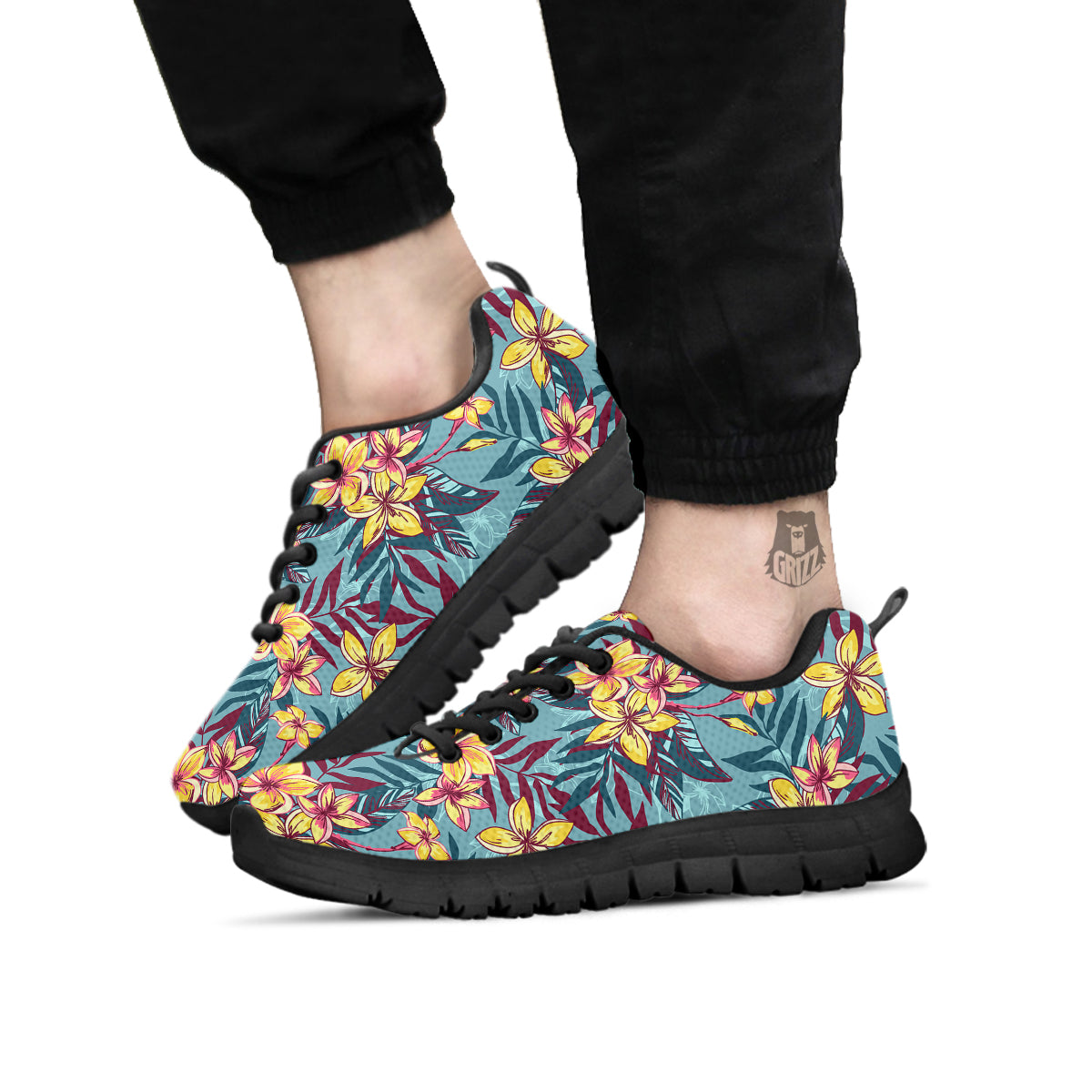 Plumeria Frangipani Tropical Print Pattern Black Sneaker-grizzshop