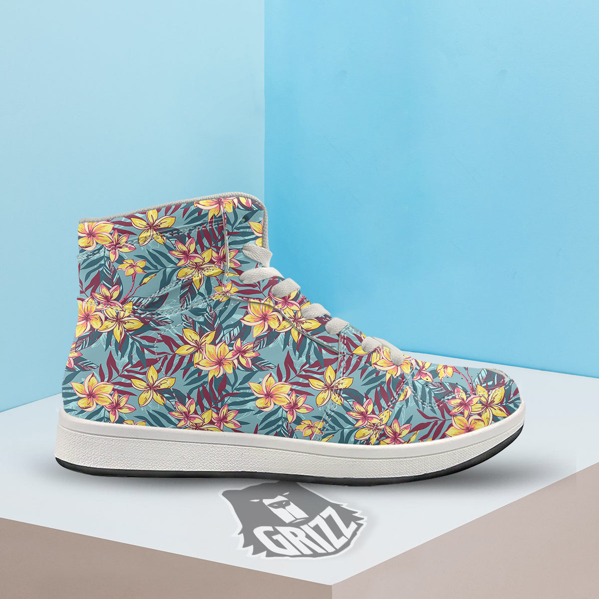 Plumeria Frangipani Tropical Print Pattern High Top Sneakers-grizzshop