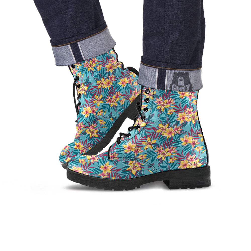 Plumeria Frangipani Tropical Print Pattern Leather Boots-grizzshop