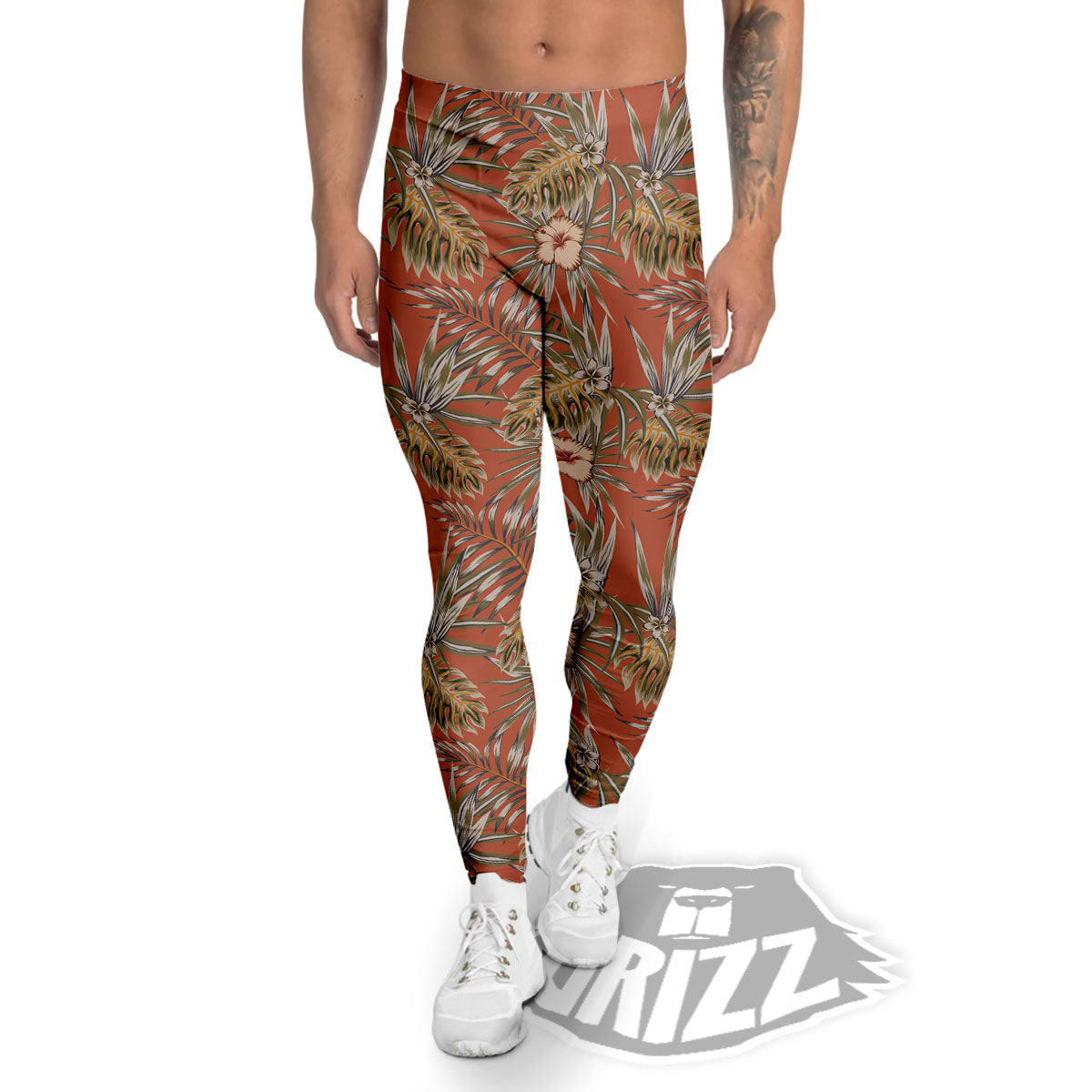 Plumeria Hibiscus Vintage Print Pattern Men's Leggings-grizzshop