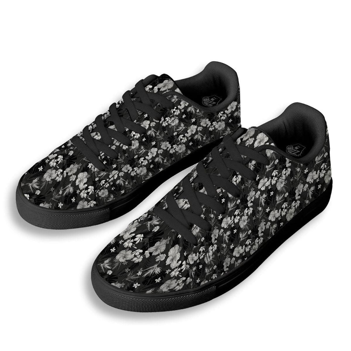 Plumeria Monochrome Print Pattern Black Low Top Sneakers-grizzshop