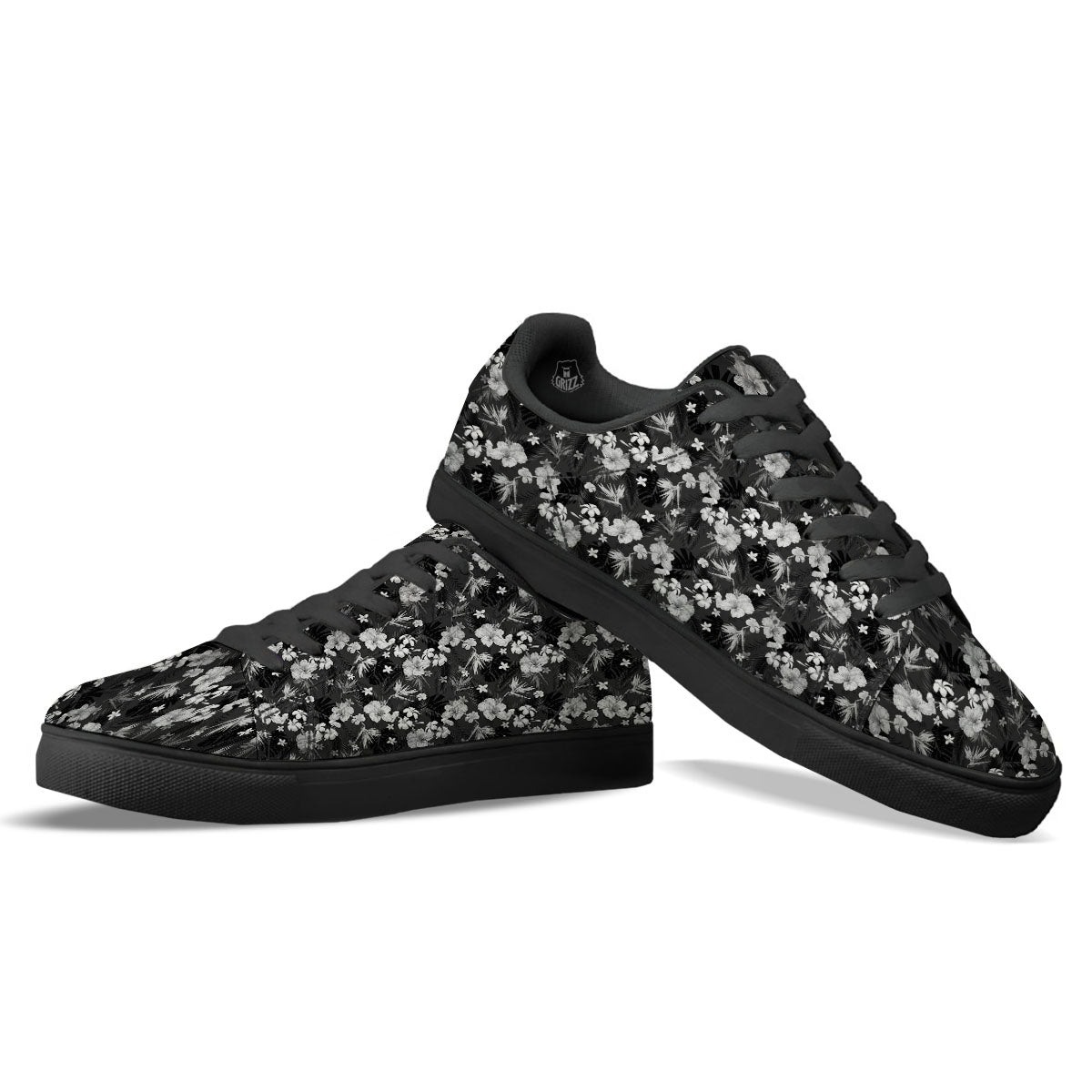 Plumeria Monochrome Print Pattern Black Low Top Sneakers-grizzshop