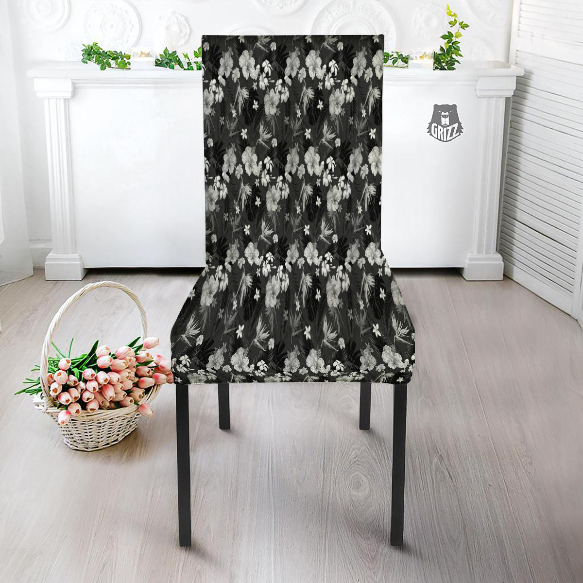 Plumeria Monochrome Print Pattern Dining Chair Slipcover-grizzshop