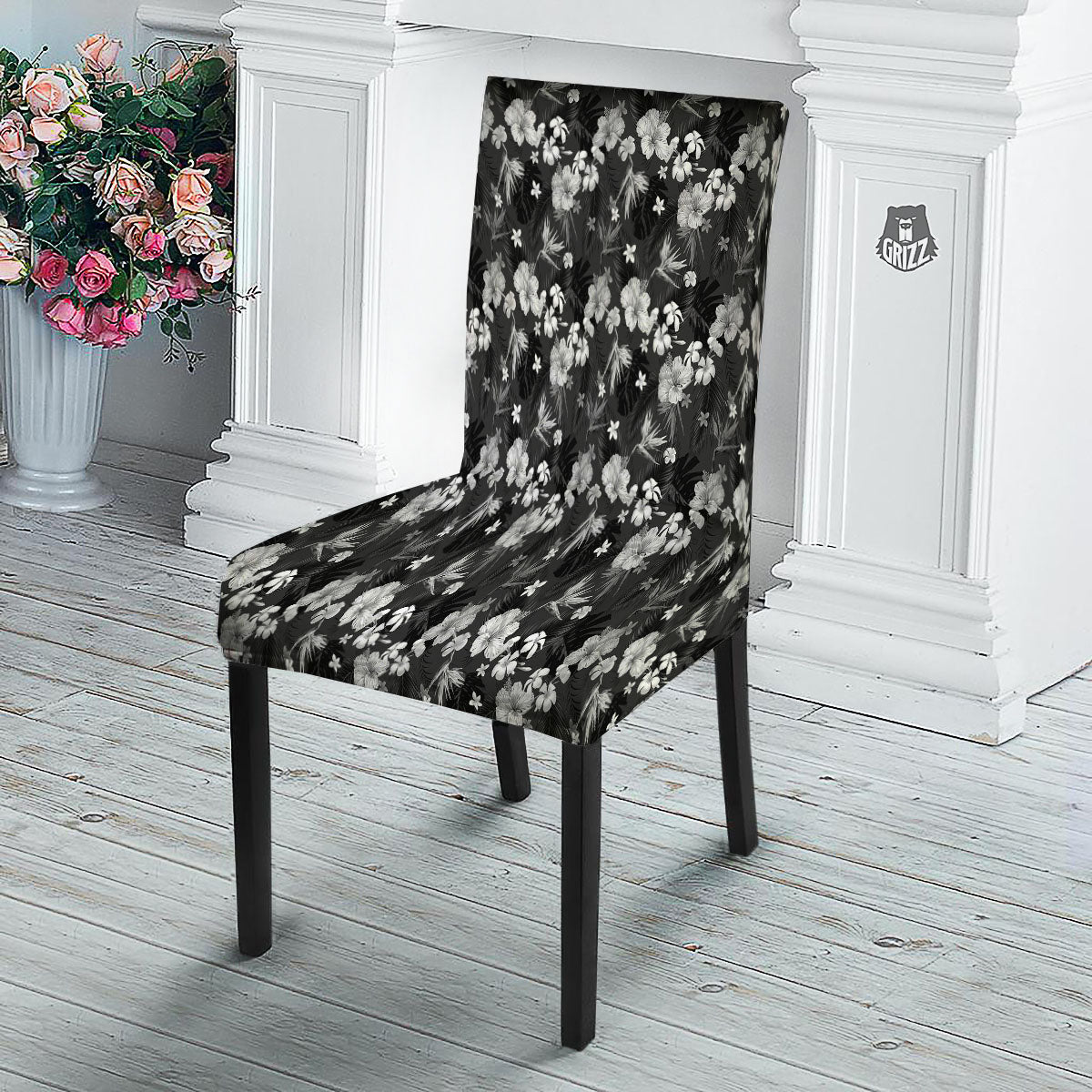 Plumeria Monochrome Print Pattern Dining Chair Slipcover-grizzshop