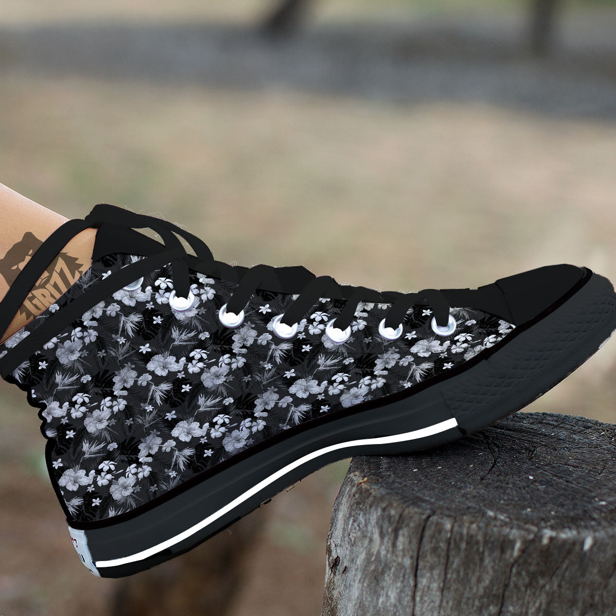 Plumeria Monochrome Print Pattern High Top Shoes-grizzshop