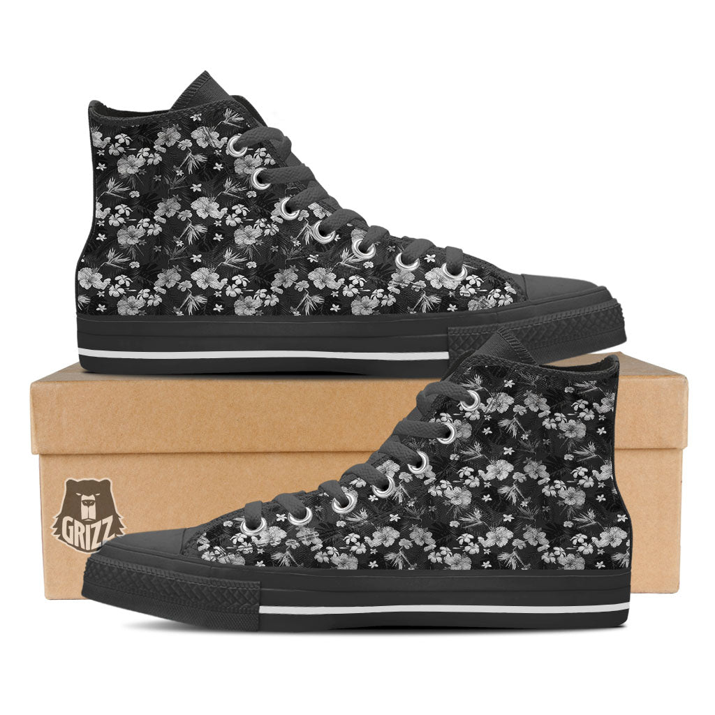 Plumeria Monochrome Print Pattern High Top Shoes-grizzshop
