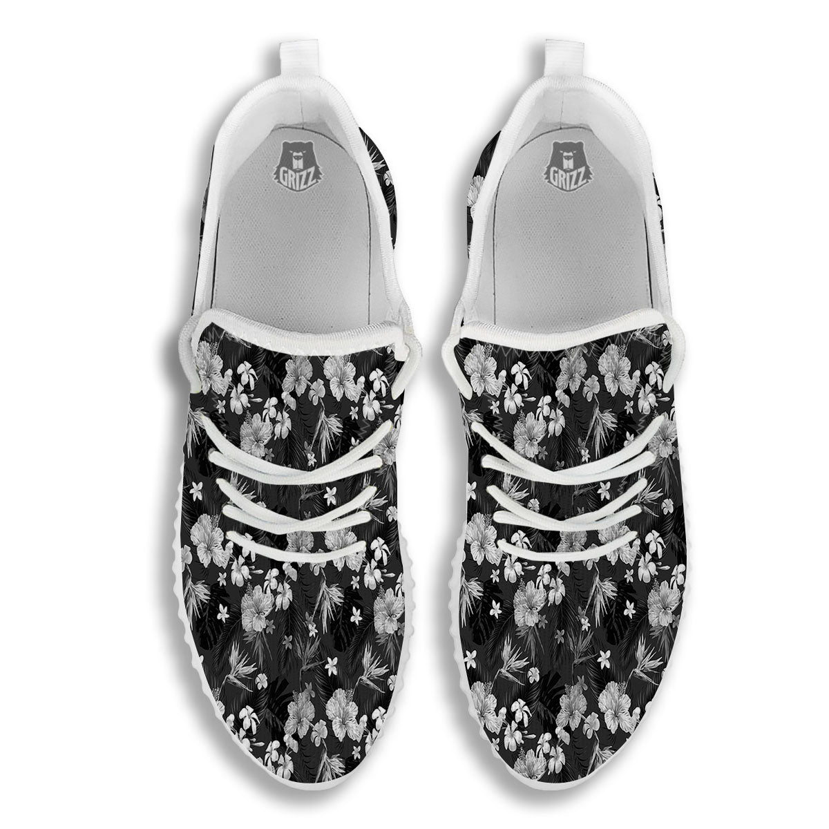 Plumeria Monochrome Print Pattern White Walking Shoes-grizzshop