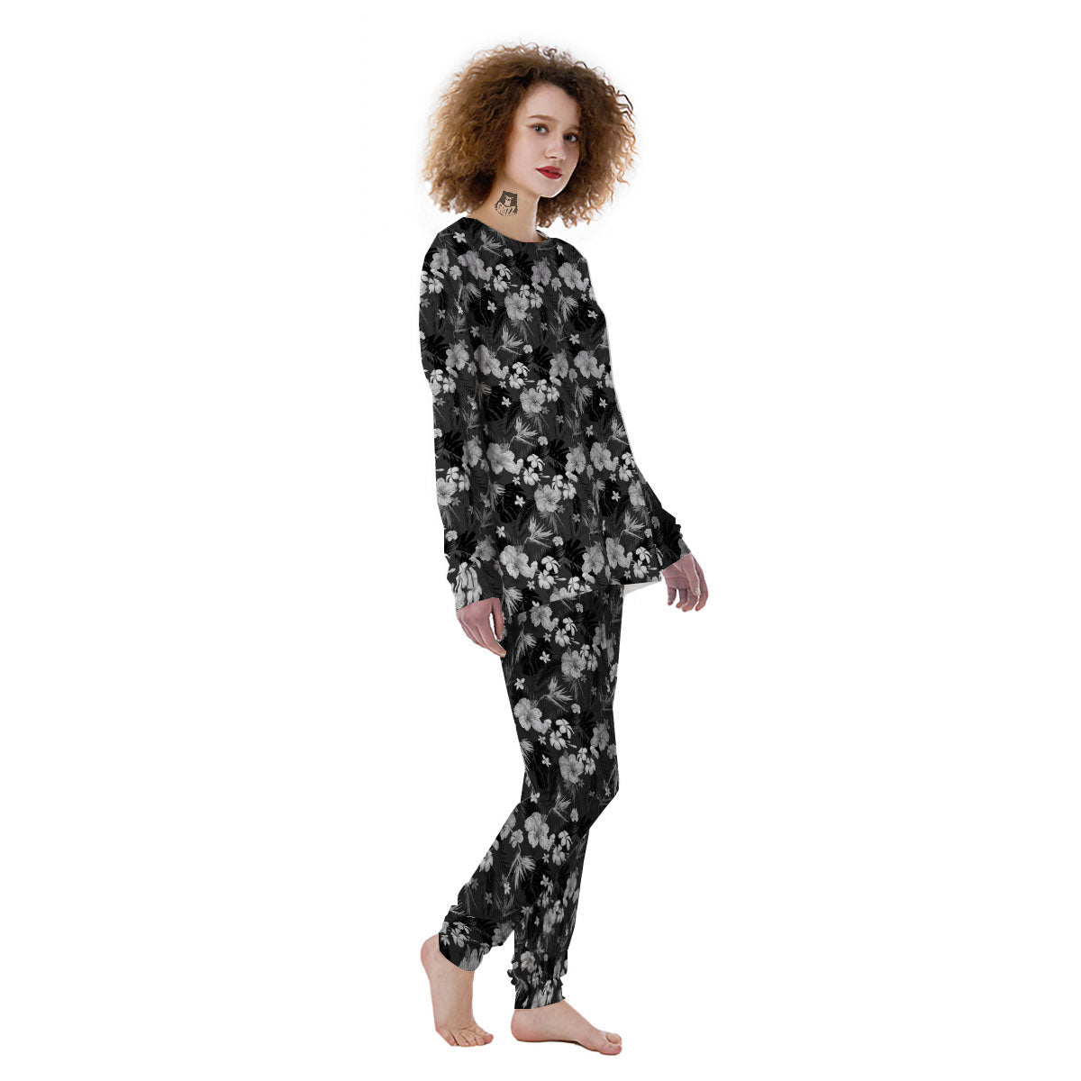 Plumeria Monochrome Print Pattern Women's Pajamas-grizzshop