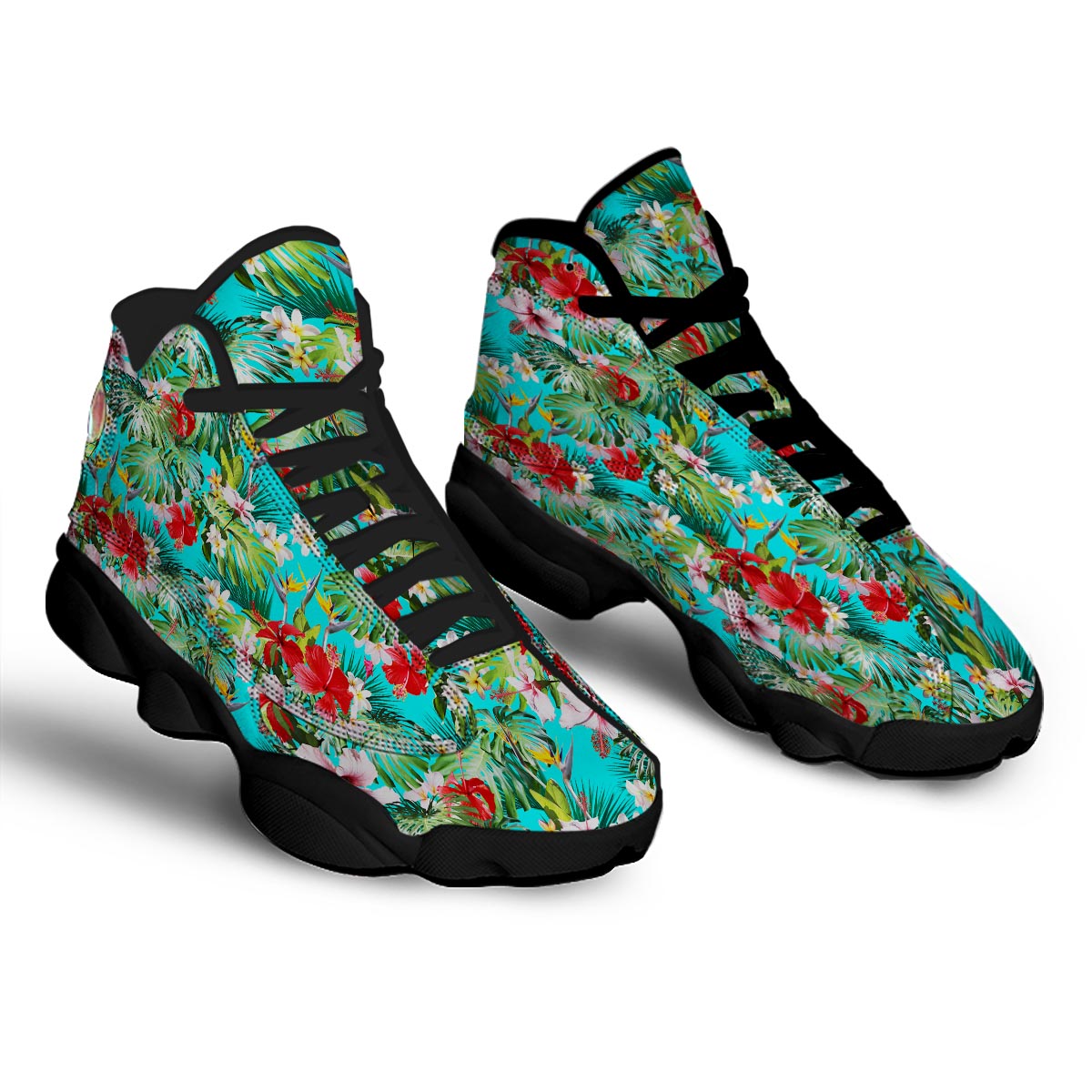 Plumeria Red Hibiscus Print Pattern Black Basketball Shoes-grizzshop