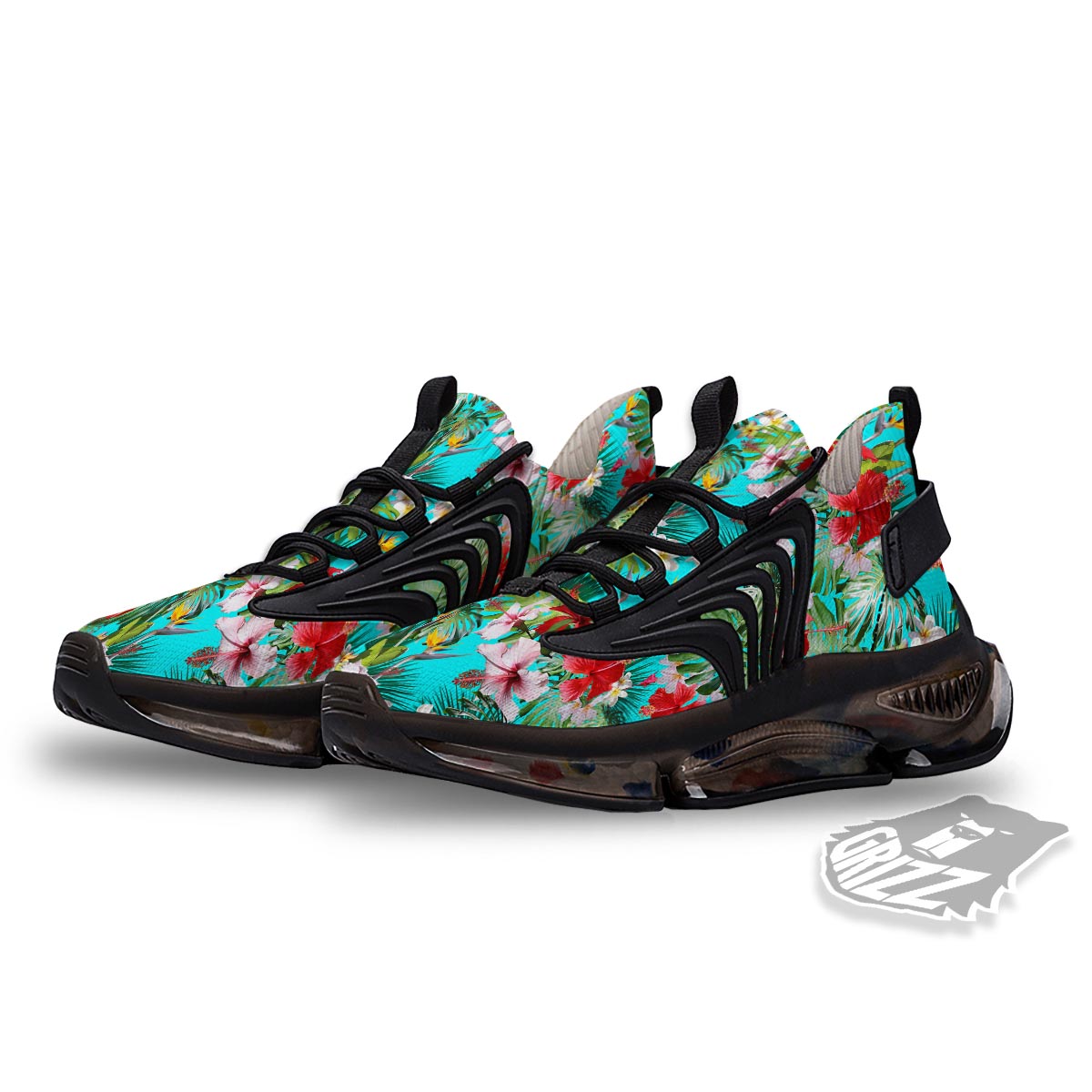Plumeria Red Hibiscus Print Pattern Black Gym Shoes-grizzshop
