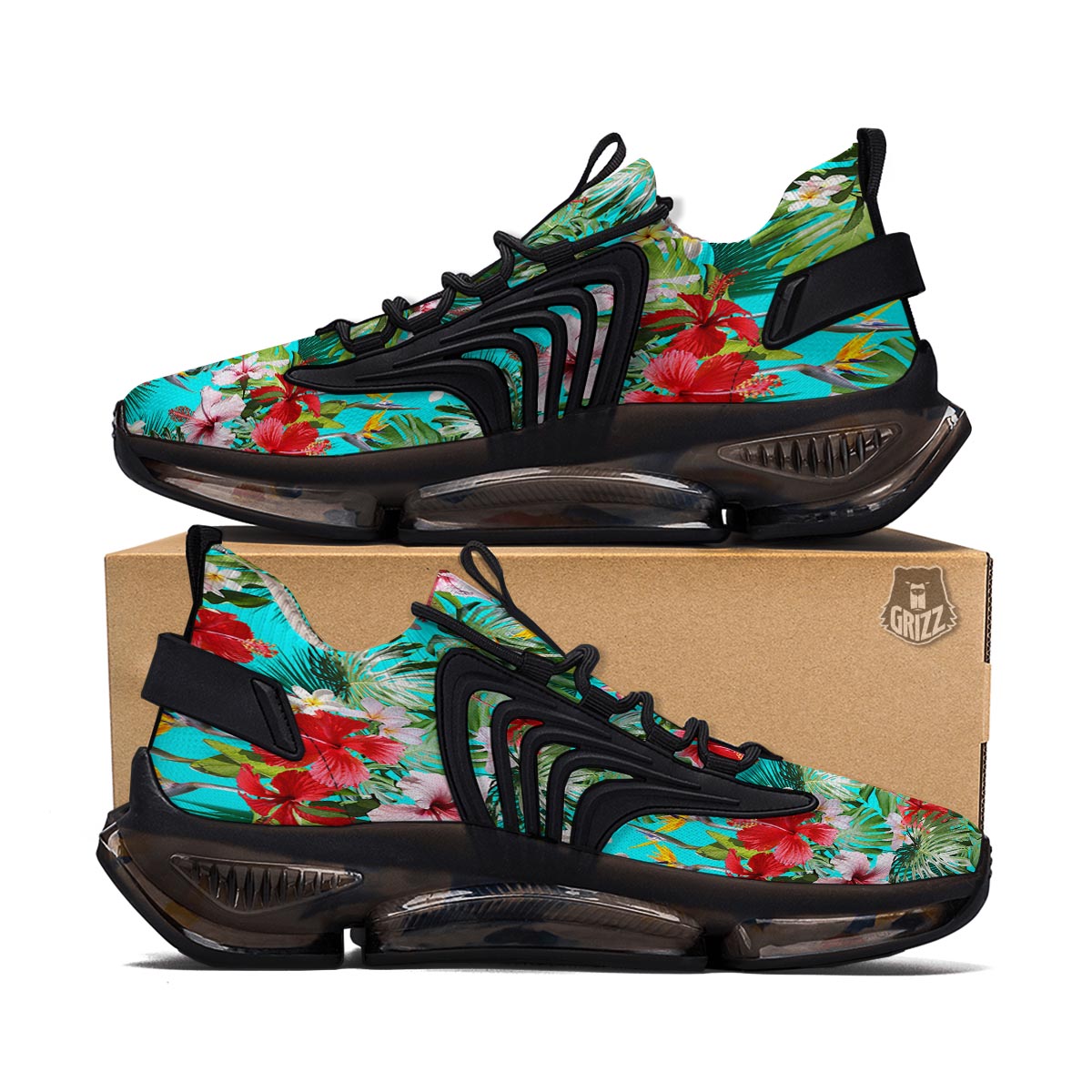 Plumeria Red Hibiscus Print Pattern Black Gym Shoes-grizzshop