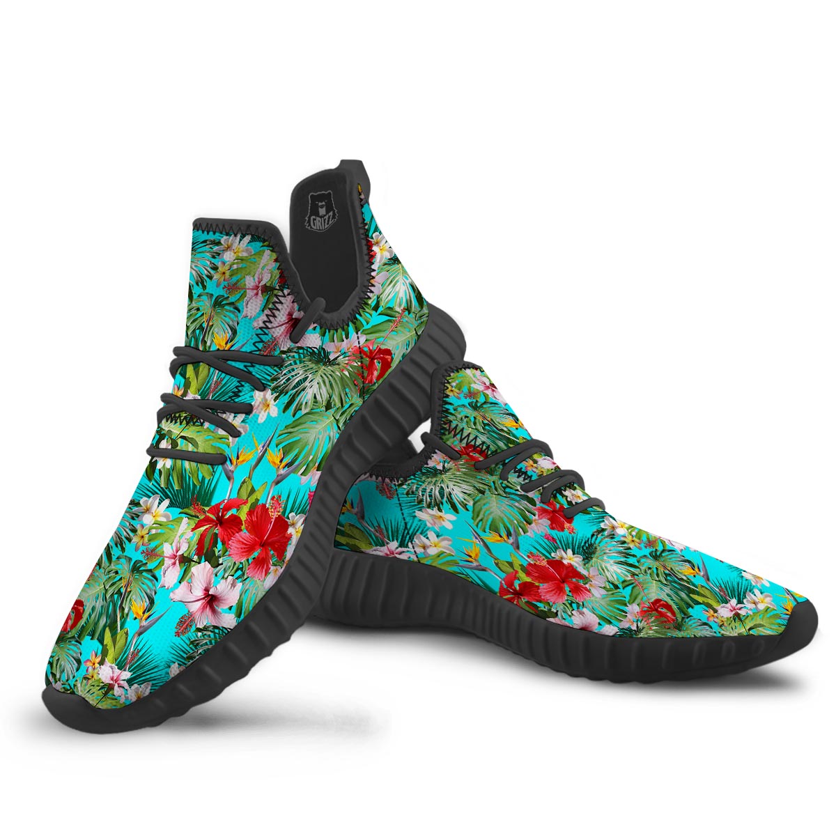Plumeria Red Hibiscus Print Pattern Black Walking Shoes-grizzshop