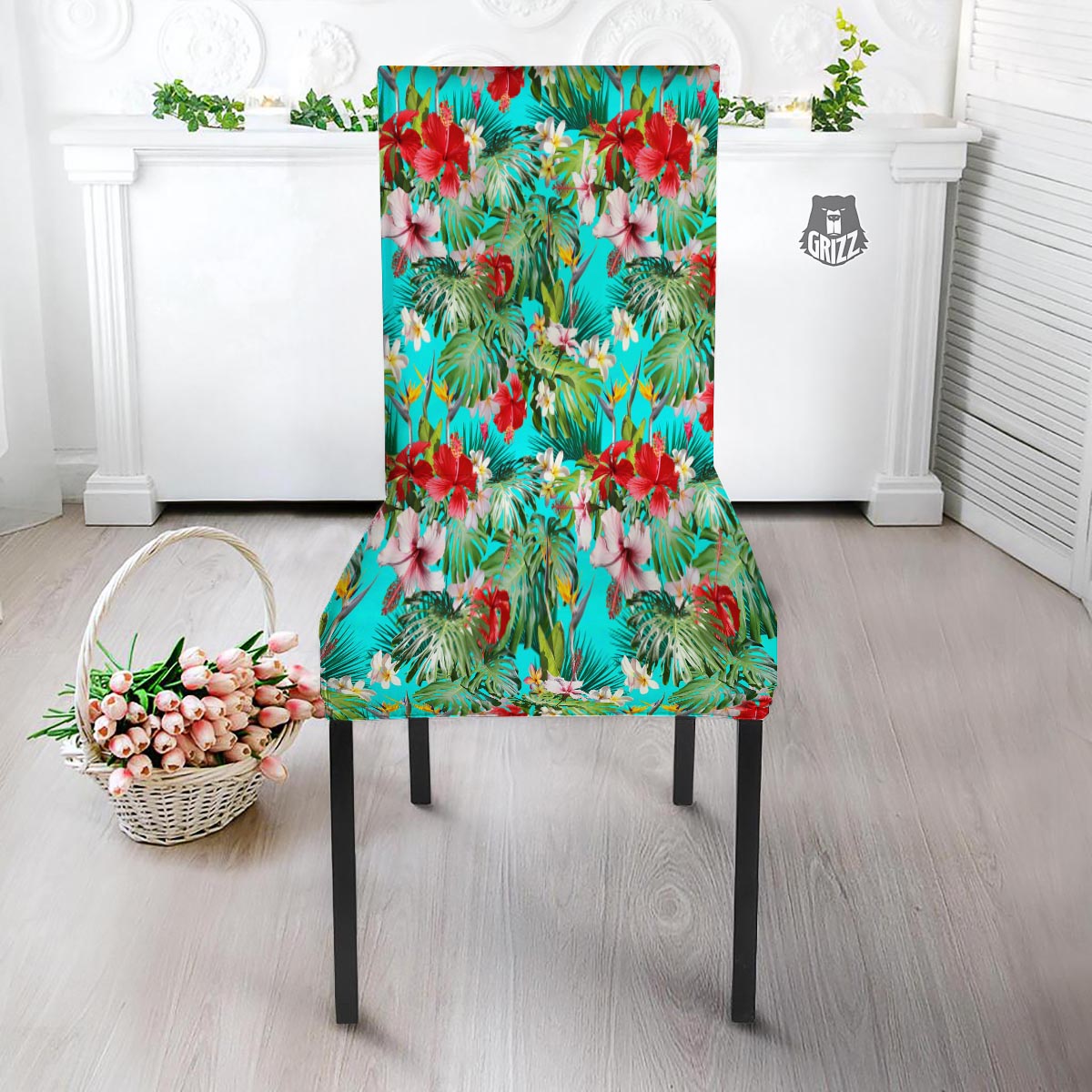 Plumeria Red Hibiscus Print Pattern Dining Chair Slipcover-grizzshop