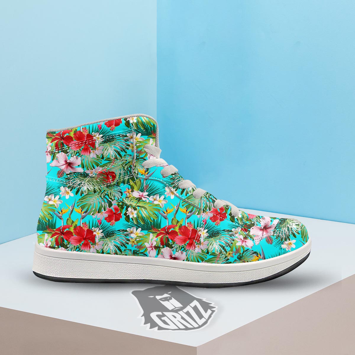 Plumeria Red Hibiscus Print Pattern High Top Sneakers-grizzshop