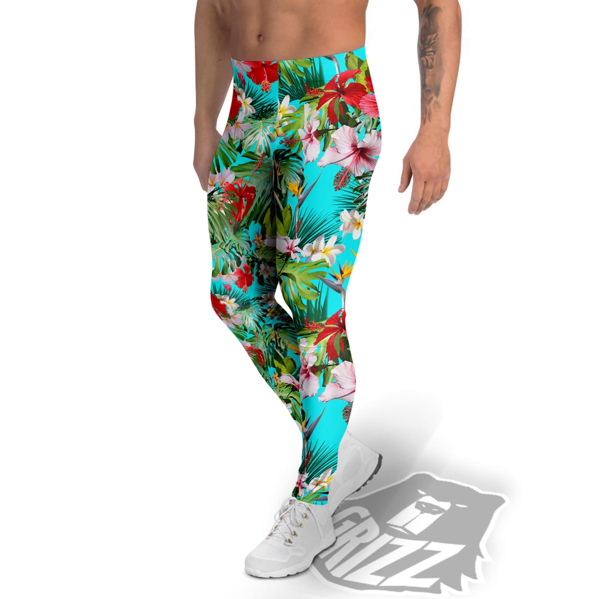 Plumeria Red Hibiscus Print Pattern Men's Leggings-grizzshop