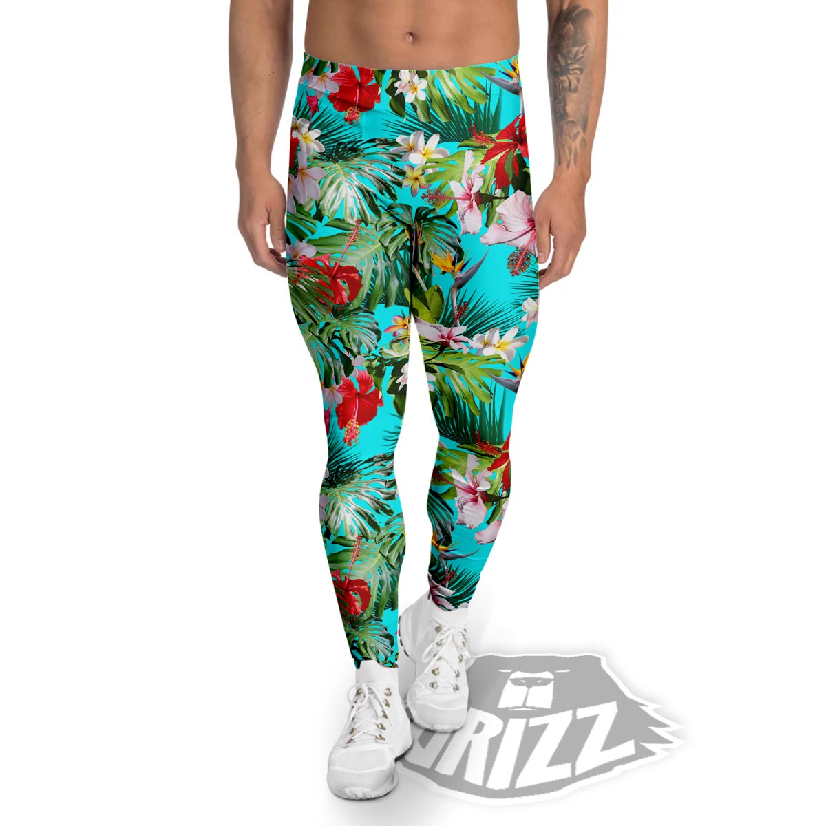 Plumeria Red Hibiscus Print Pattern Men's Leggings-grizzshop