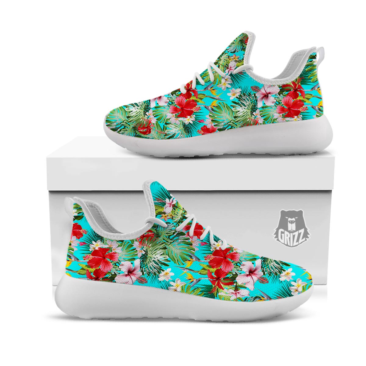 Plumeria Red Hibiscus Print Pattern White Athletic Shoes-grizzshop