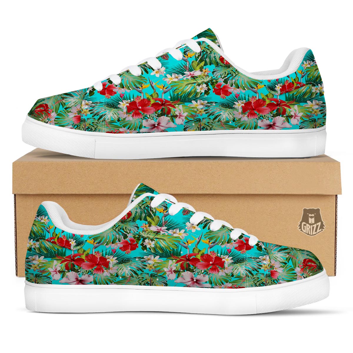 Plumeria Red Hibiscus Print Pattern White Low Top Sneakers-grizzshop