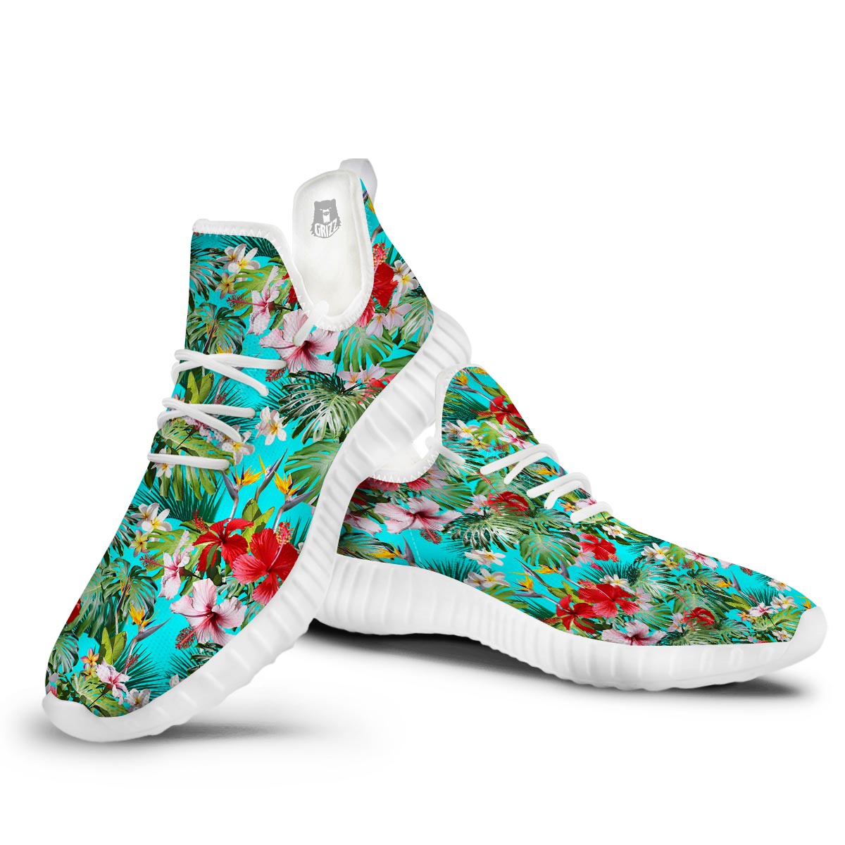 Plumeria Red Hibiscus Print Pattern White Walking Shoes-grizzshop