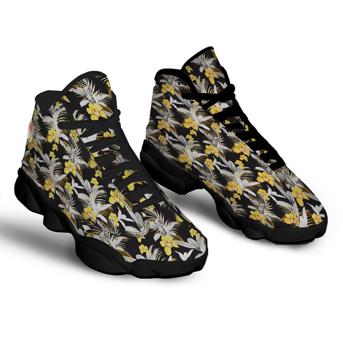 Plumeria Yellow And Black Print Pattern Black Basketball Shoes-grizzshop