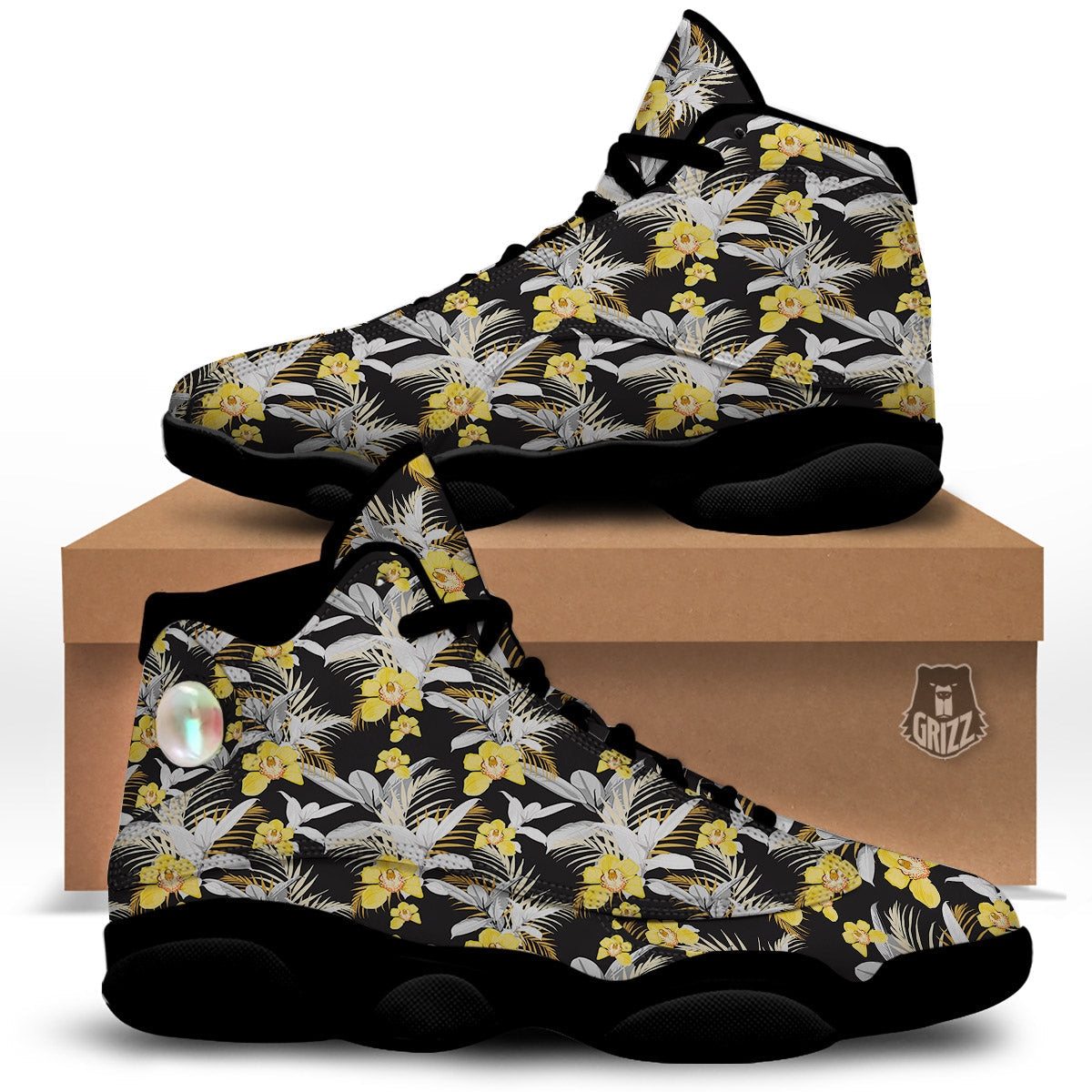 Plumeria Yellow And Black Print Pattern Black Basketball Shoes-grizzshop