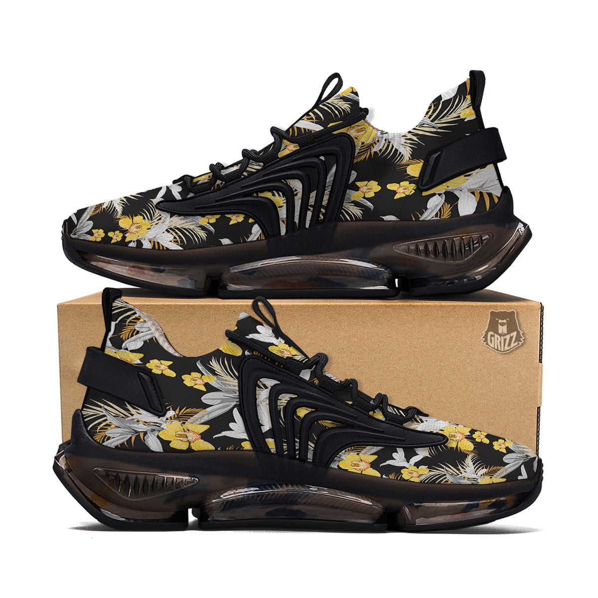 Plumeria Yellow And Black Print Pattern Black Gym Shoes-grizzshop