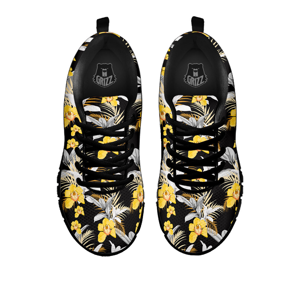 Plumeria Yellow And Black Print Pattern Black Sneaker-grizzshop